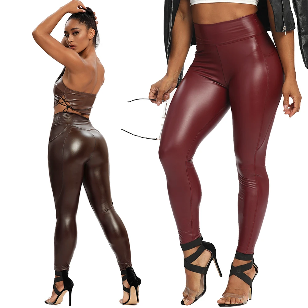 Slim Black Leather Leggings Women Skinny Push Up High Waist Legging Pockets PU Pants Thin Velvet Trousers Stretch Sexy Leggins