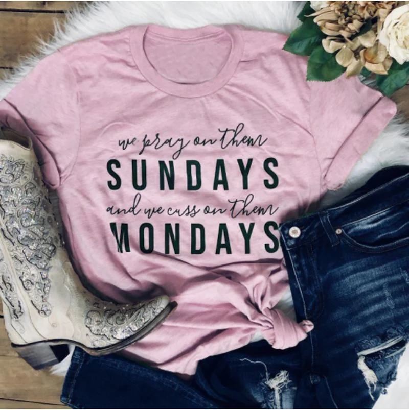 

Tees Grunge Tumblr Tops Christian Art Tshirt Pray on Sundays, Cuss on Mondays Graphic T-shirt tops