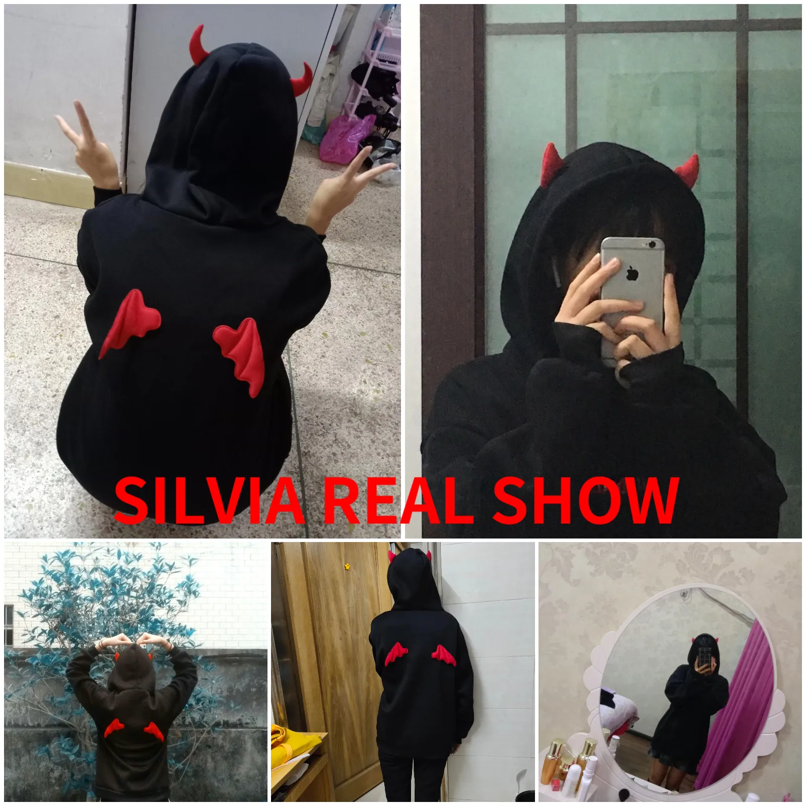 Sudadera con capucha de cuerno de diablo para mujer, ropa de calle gótica Punk, sudaderas negras sueltas de gran tamaño, Harajuku Kawaii, ropa para