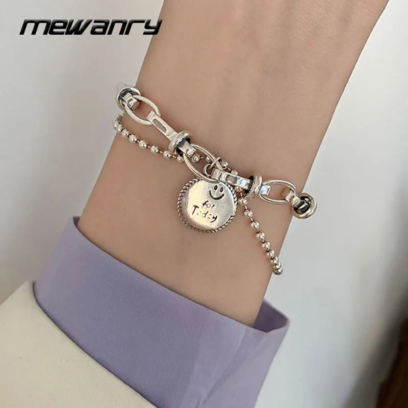 Mewanry Silver Color Bracelet for Women Trend Vintage Hip Hop Creative Double Chain Smile Round Jewelry Gifts Wholesale