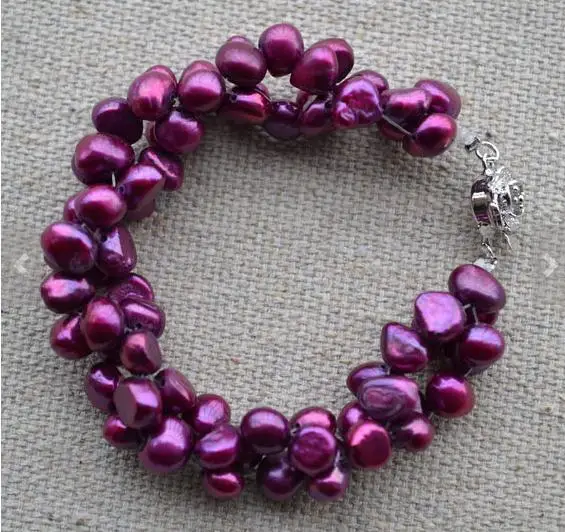 Pulsera de perlas de agua dulce retorcida, brazalete hecho a mano con cierre de flor de plata, Color amaranto, AA, 6-7MM, regalo de Navidad, nuevo favorito