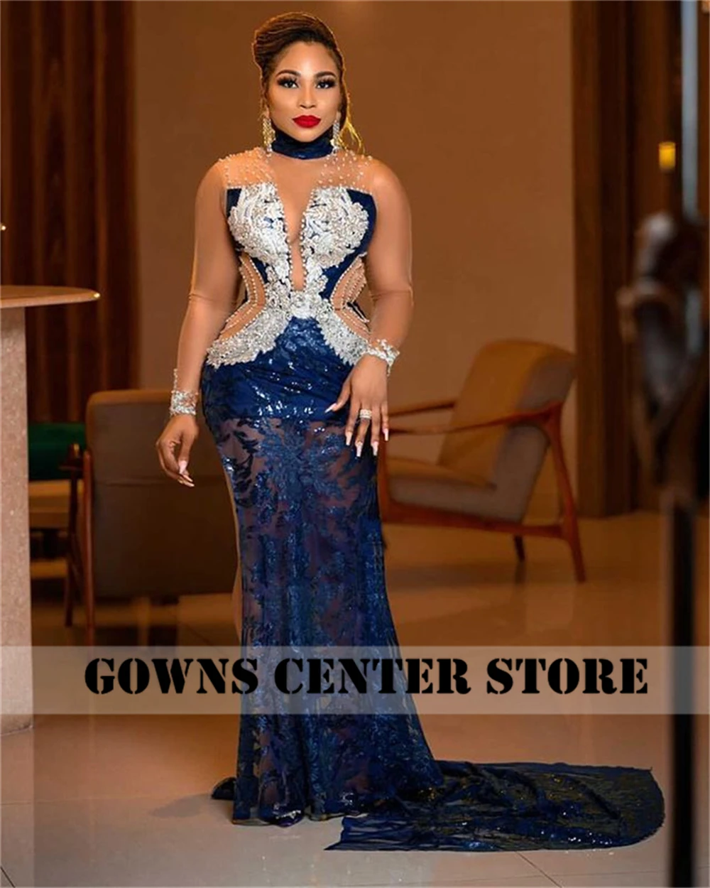 Dark Navy Blau Aso Ebi Abendkleider Langarm Luxus Meerjungfrau Formale Nacht Kleid Abendessen Kleid Für Frauen Afrikanische robe de bal