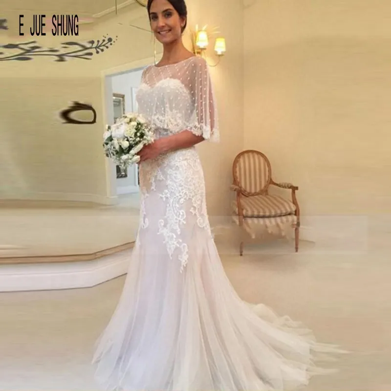 E JUE SHUNG Sheer Neck Wedding Dresses With Shawl Lace Applique Button Back Mermaid Bride Dress Boho Vestido De Noiva