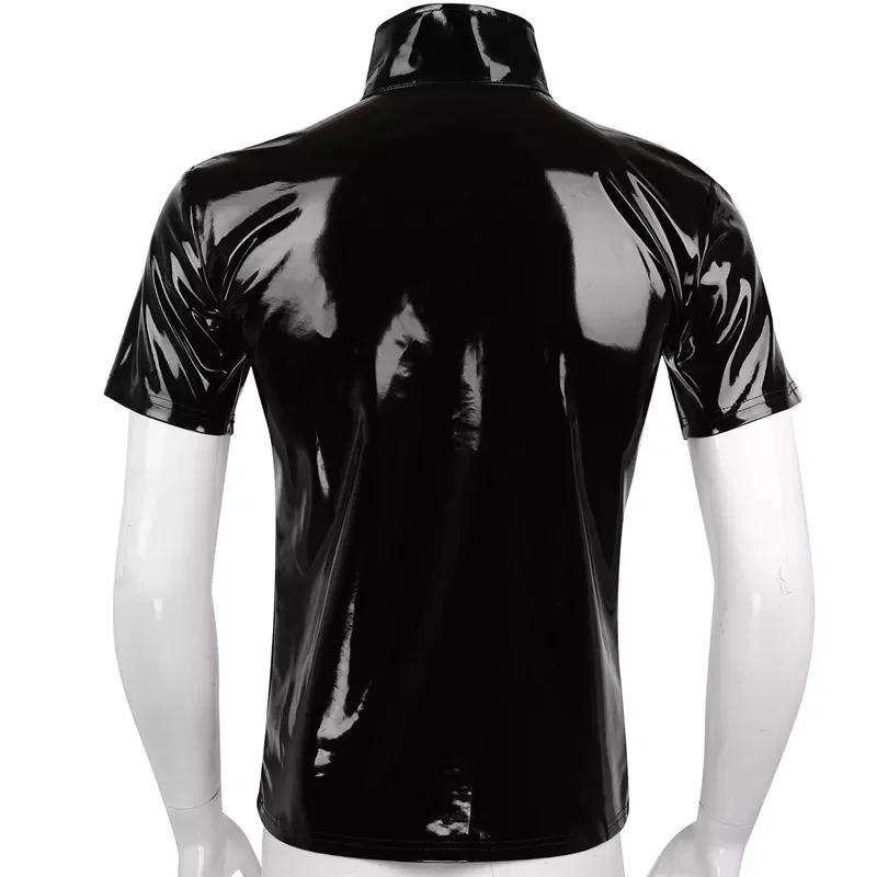 Camisa de manga corta de cuero de PVC brillante para hombre, abrigo informal con funda moldeadora erótica, Tops Sexi de cuero metálico brillante, talla grande