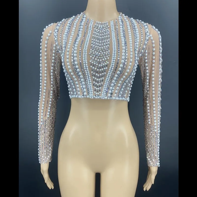 White Pearls Silver Stones Mesh T-shirt Costume Birthday Dance Transparent Female Singer Show Celebrate Top Wear YOUDU