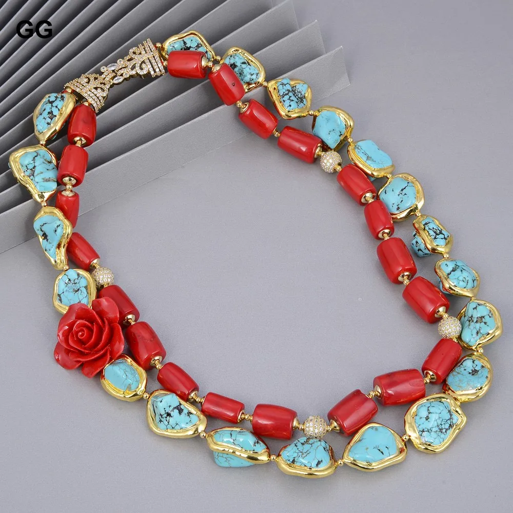 GuaiGuai Jewelry 2 Strands Red Corals Green Turquoises Flower Necklace Cubic Zirconia Pave Clasp 21