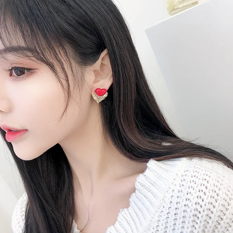 HUAMI Korean Fashion Stud Earrings Heart Red White Color Sweet Cute Style Gift for Girlfriend Jewelry for Women Wholesale Price