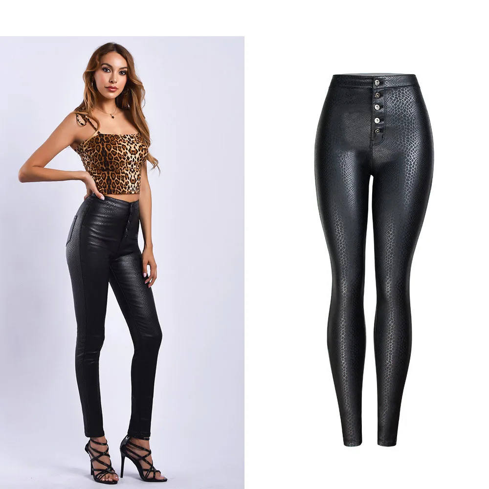 Jeans Women Sexy Pu Leather Black Jeans Pencil Pants High Wasit 2025 Autumn Winter Warm Elegant Slim Skinny Pants Outfits C1887