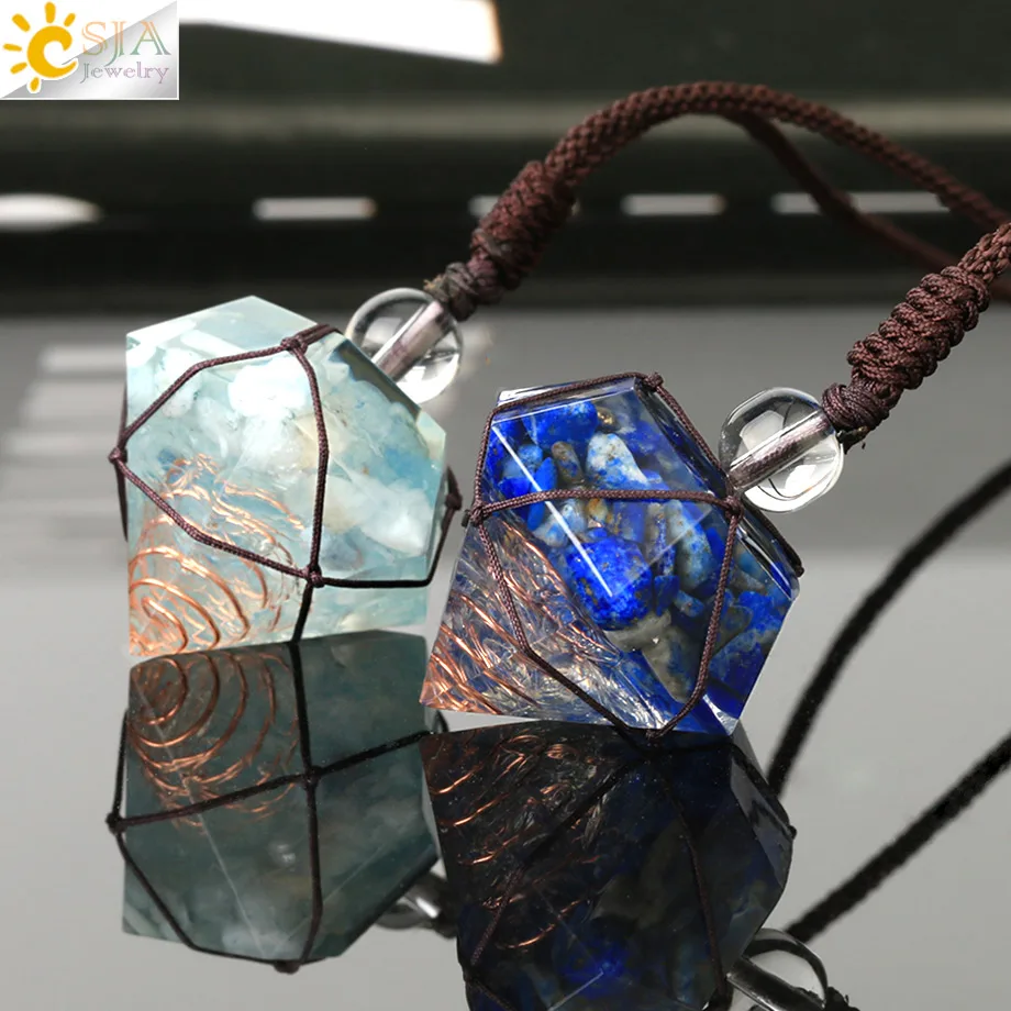 CSJA Geometry Pendant Natural Chip Stone Resin Wrap Braided Necklaces Wire Pyramid Adjustable Rope Men Women Energy Jewelry G647