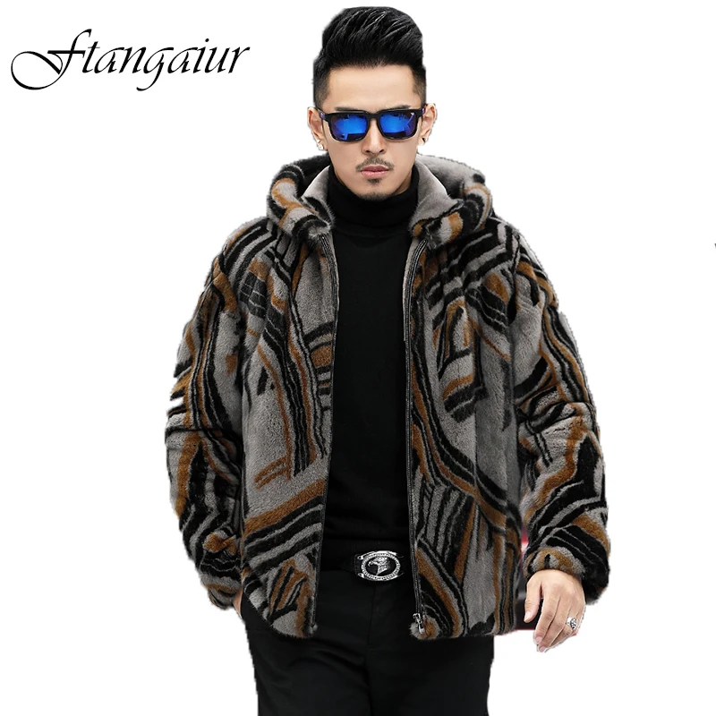 

Ftangaiur Winter New Men Import Mink Fur Coat Print With Fur Hood Mink Coats Men's Short Smart Causal Real Mink Fur Coats