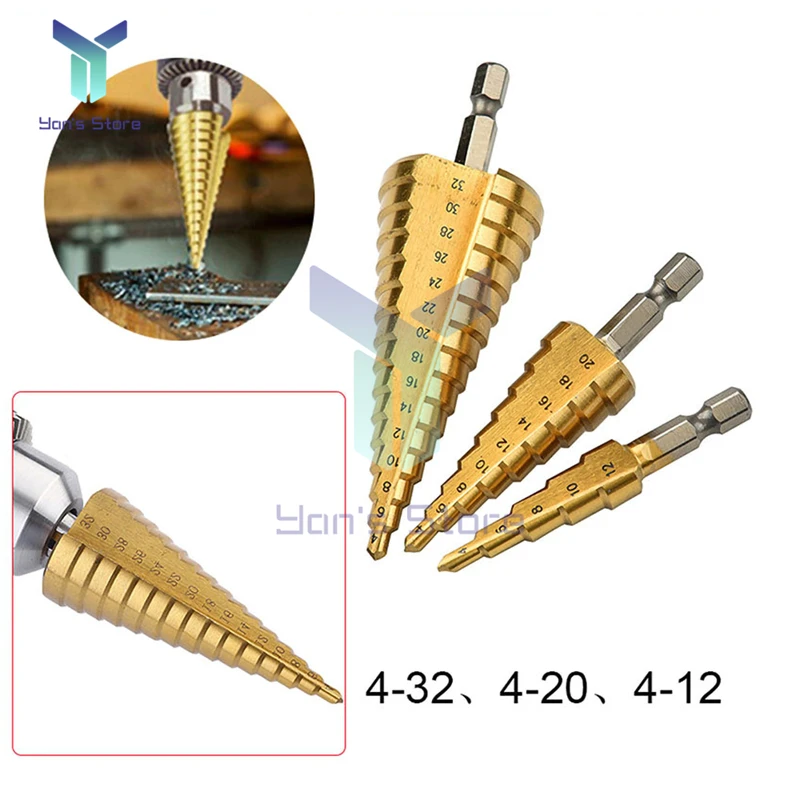 3 Pcs Drill Bit HSS High Speed Step Drill Steel Titanium Hex Shank Step Drill Set Machining Drilling 4-12mm 4-20mm 4-32mm