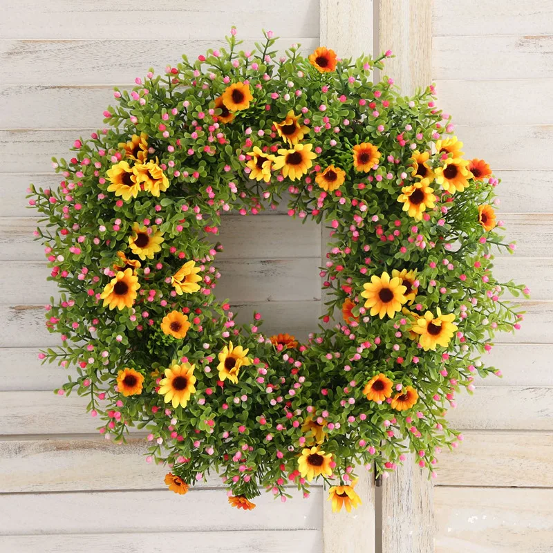 45CM Artificial Sun Flower Garland Door Hanging Rattan Circle Plastic Thanksgiving Milan Wreath Home Christmas Decoation Plants