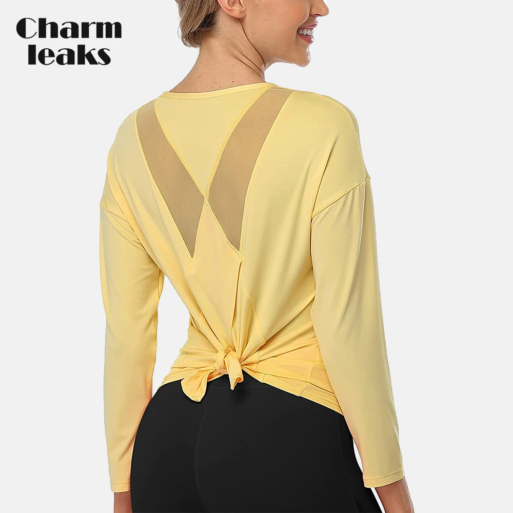 

Charmleaks Women's Long Sleeve Workout Shirts Tie Back Breathable Mesh Yoga Tops