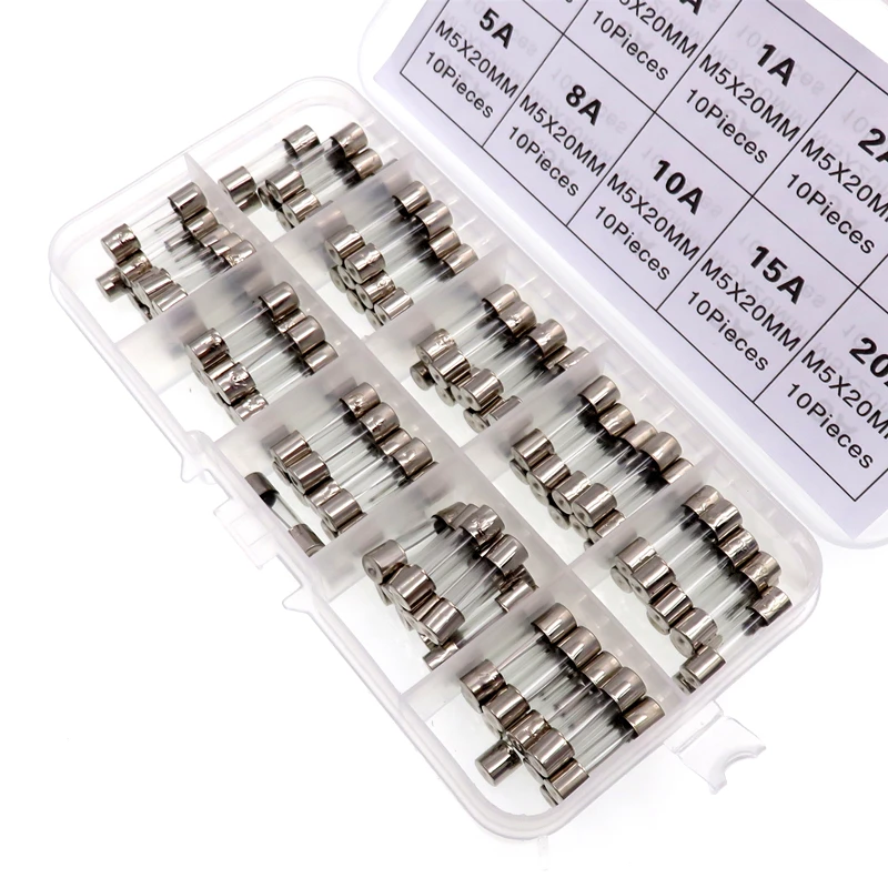 100Pcs Set 5x20mm Quick Blow Glass Tube Fuse Assorted Kits Fast-blow Glass Fuses 10A-20A