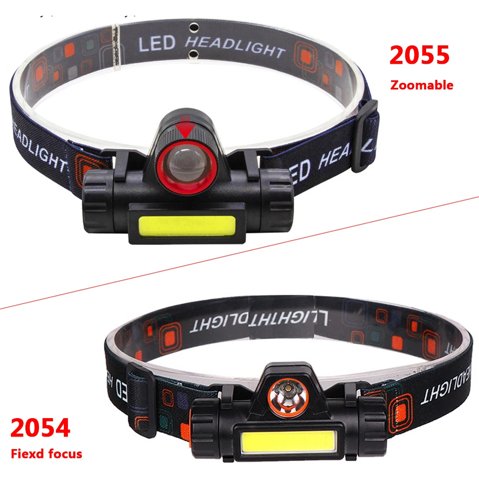 Linterna frontal LED COB recargable por USB para acampada, linterna de cabeza con batería integrada con zoom, resistente al agua