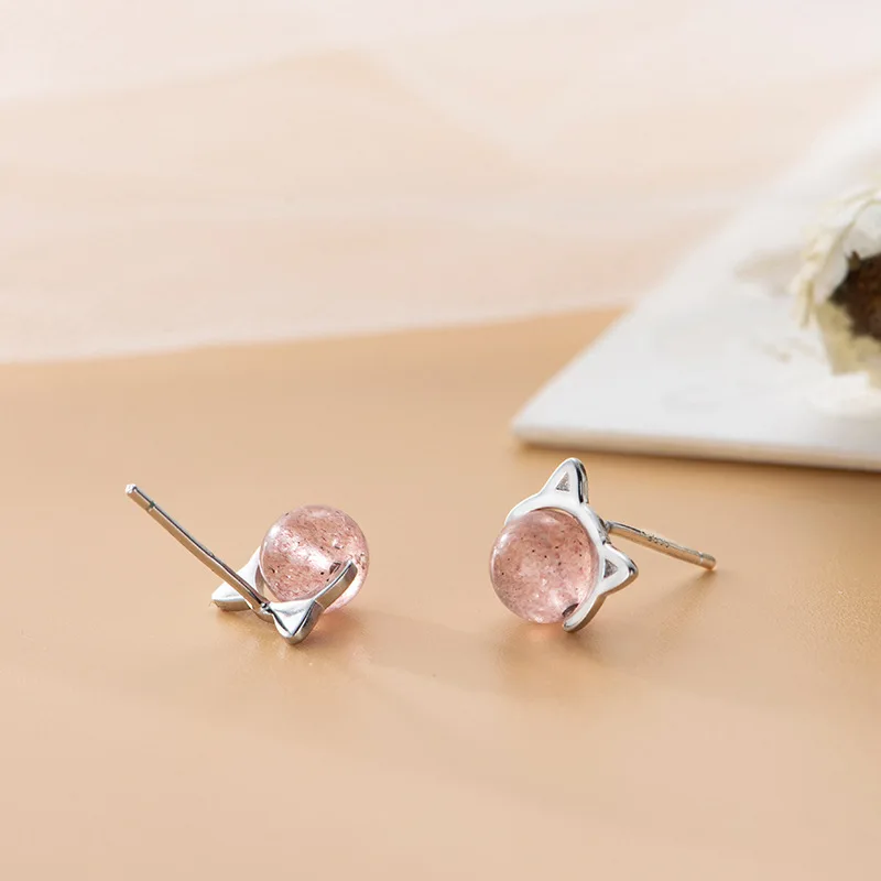 925 Sterling Silver Pink Crystal Cat Stud Earrings For Women Grils Wedding Gift Female Accesorios pendientes mujer moda eh1261