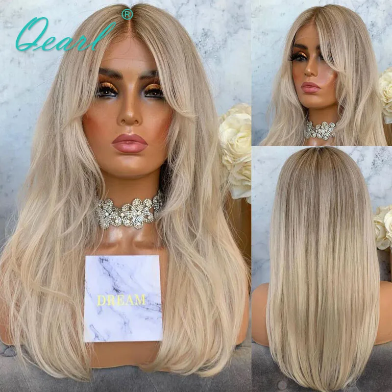 Ombre Light Ash Blonde HD Lace Frontal Wig Fringe 13x6 Human Hair Wigs Full Lace Wig Natural Straight 180% Cheap Sale Qearl