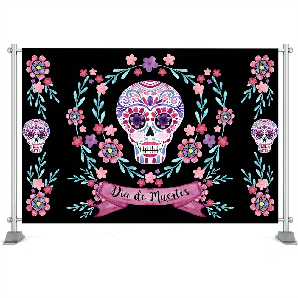 죽은 자의 날 멕시코 피에스타 해골 꽃 사진 배경 죽음의 패턴 생일 파티 Photobooth