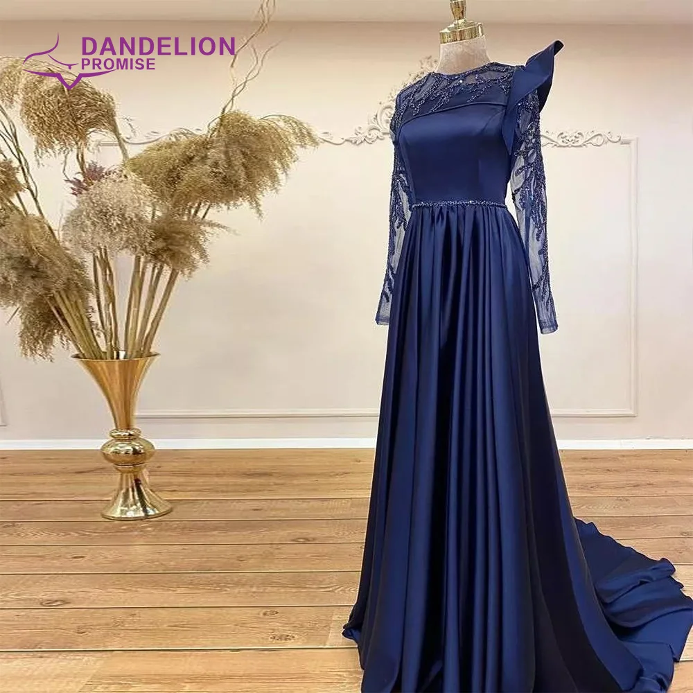 Navy Blau Langarm A-linie Muslimische Abendkleider Luxus Perlen Dubai Frauen Formale Party Kleider 2021 Arabisch Hochzeit Gast Kleid