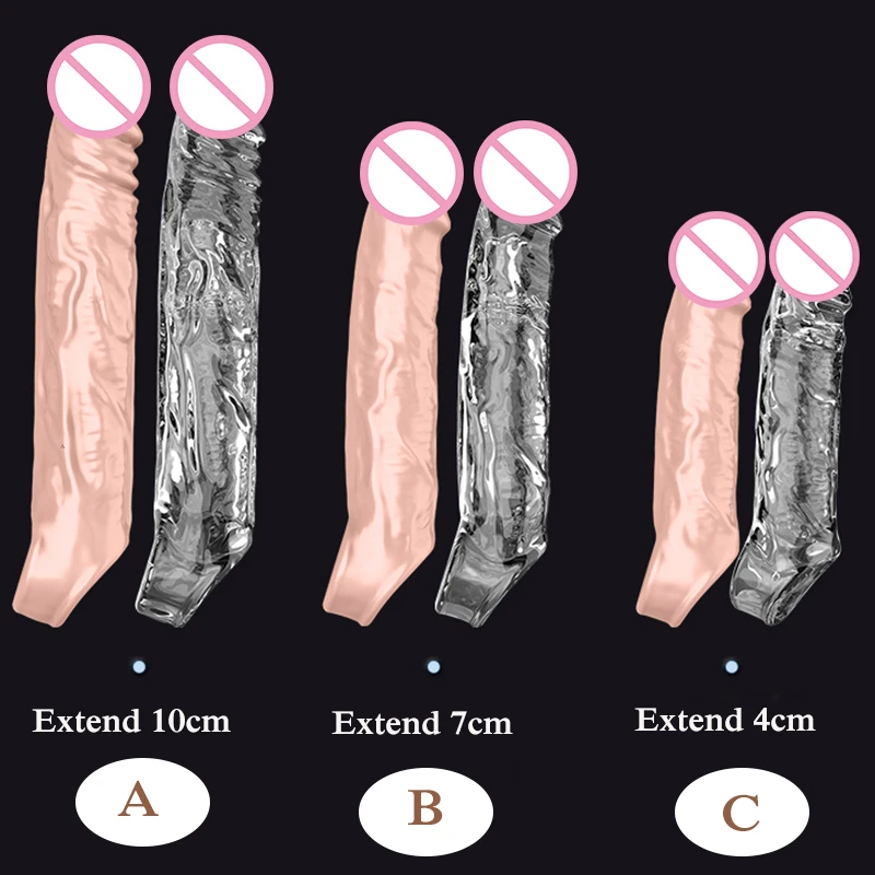 Reusable Penis Sleeve Extender Reusable Condoms Sex Toys for Men Dick Enlarger Extend 4/7/10cm Cock Sleeve Transparent/Flesh