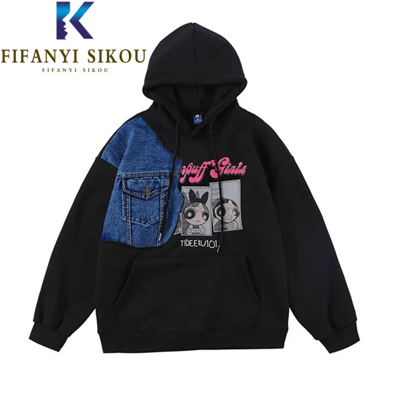 

Denim Spliced Hoodies Women Autumn Winter Sweatshirt Cartoon Print Fashion Pullover Female Streetwear Loose Hooded Sweatshirts