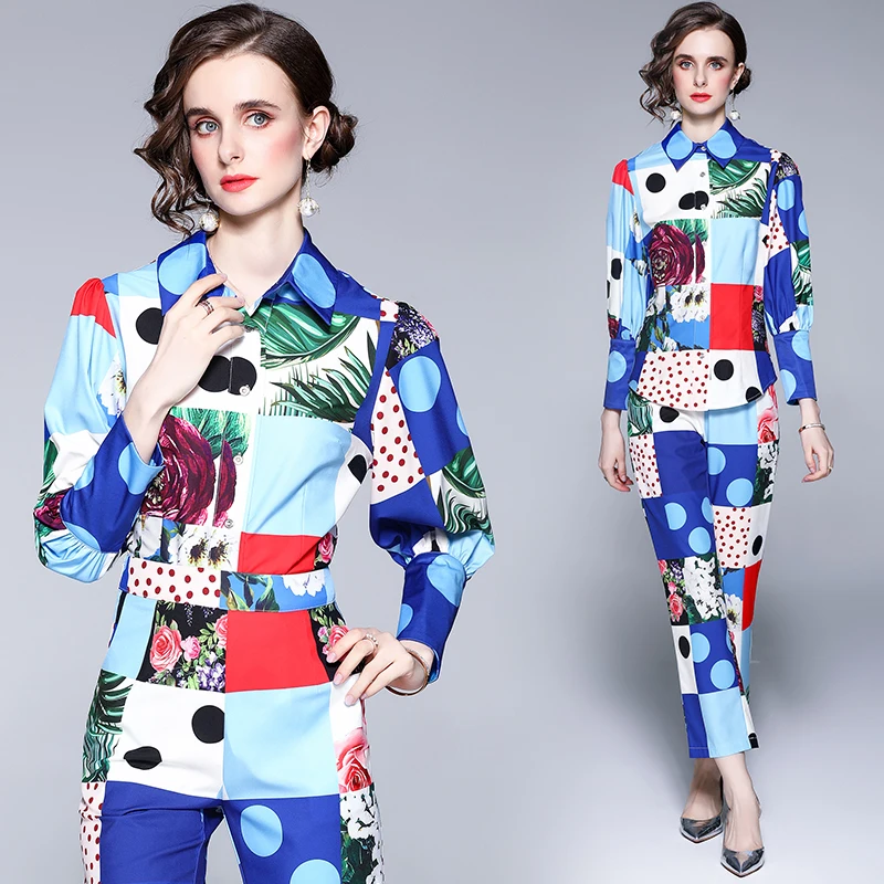2021 Women\'s New Fashion Summer Runway Two Piece Set Blue Contrast Plaid Print Shirts Tops +Hight Waist Pencil Suits