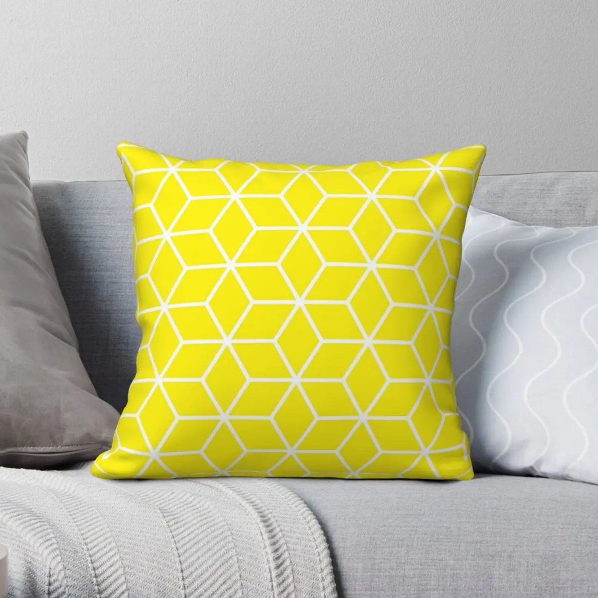 Yellow Interlocked Hexagon Lattice Pillowcase Polyester Linen Velvet Printed Zip Decor Throw Pillow Case Sofa Cushion Cover