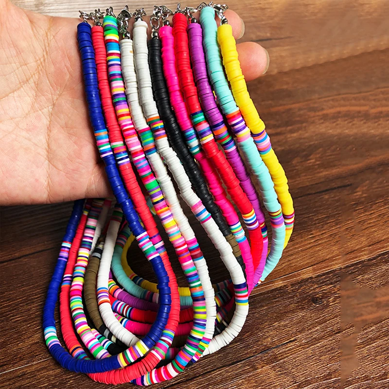 Bohemian Colorful Clay Choker Necklace For Women Girls Boho Rainbow Polymer Clay Beads Adjustable Collar Clavicle Chain Jewelry