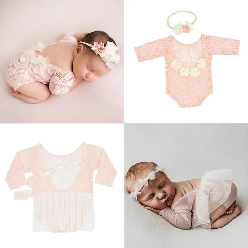 2pcs/set Baby Photography Props Lace Baby Outfit Newborn Photography Shoot Girl Romper Jumpsuit Photography Costume Accessories