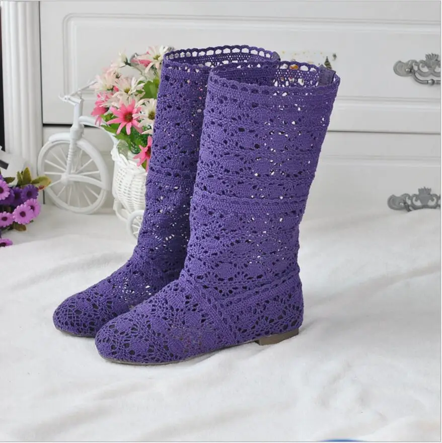 2022 Hollow Boots Shoes Breathable Knit Line Mesh Korean High Summer Women Boots Knee High Womens Shoes