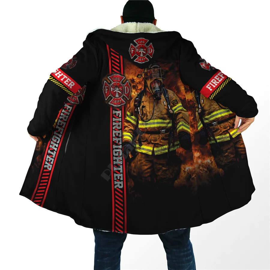 

Winter Men For Women Hooded Cloak Brave Firefighter Cloak 3D Over Printed Cloak Fleece Wind breaker Warm Hood Cloak