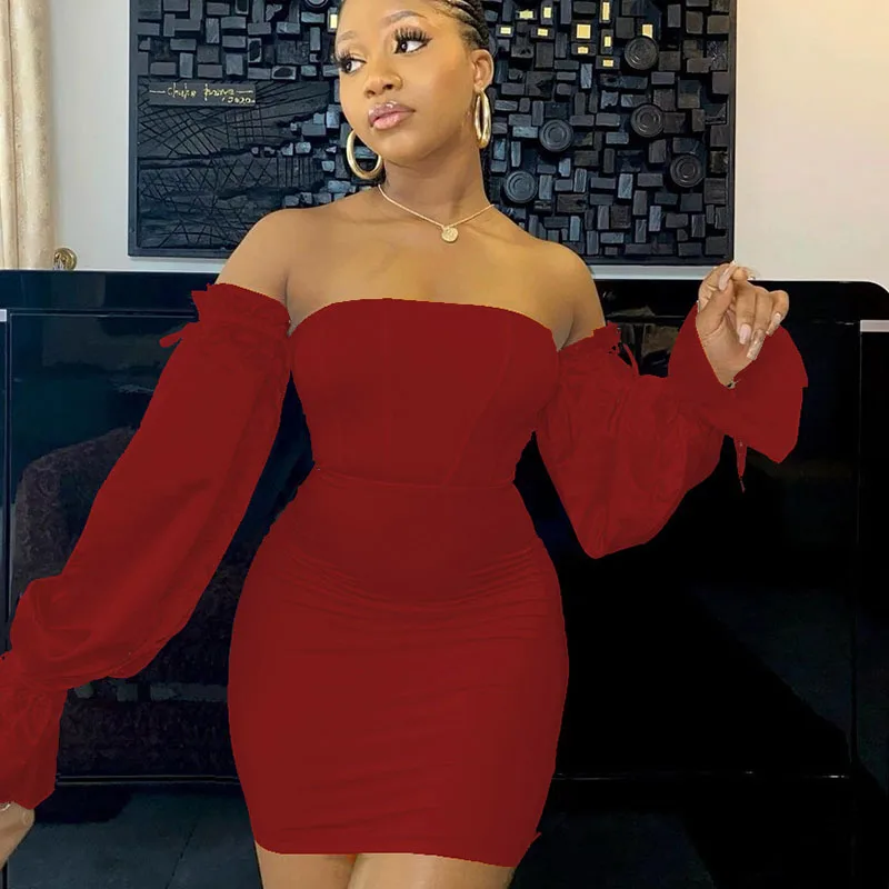 Sexy Elegant Strapless Bodycon Bandage Dress Women Clothing Nightclub Backless Mini Dress Off Shoulder Flare Sleeve Party Dress