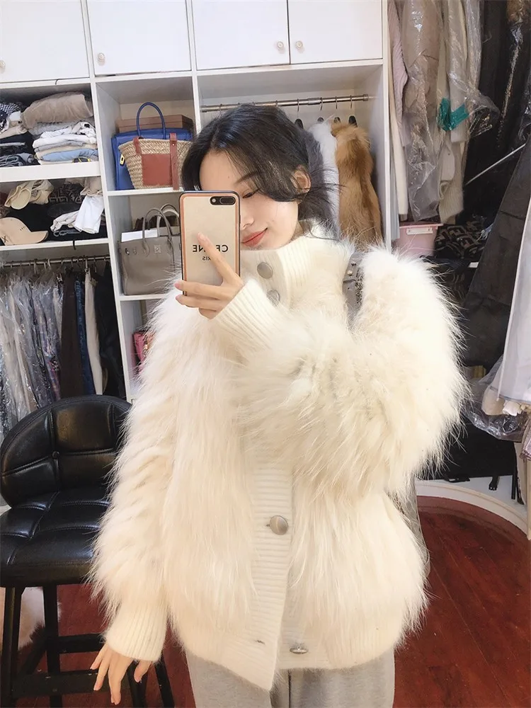 Glossy Stand Collar Imitation Fox Fur Coat Female 2021 Winter New White Faux Raccoon Dog Hair Short Overcoat High Quality Fluffy