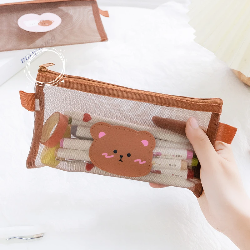 Cute Bear Pencil Bag Pen Case Cartoon Mesh Pack Coffee Color Storage Pouch for Stationery Office School F670