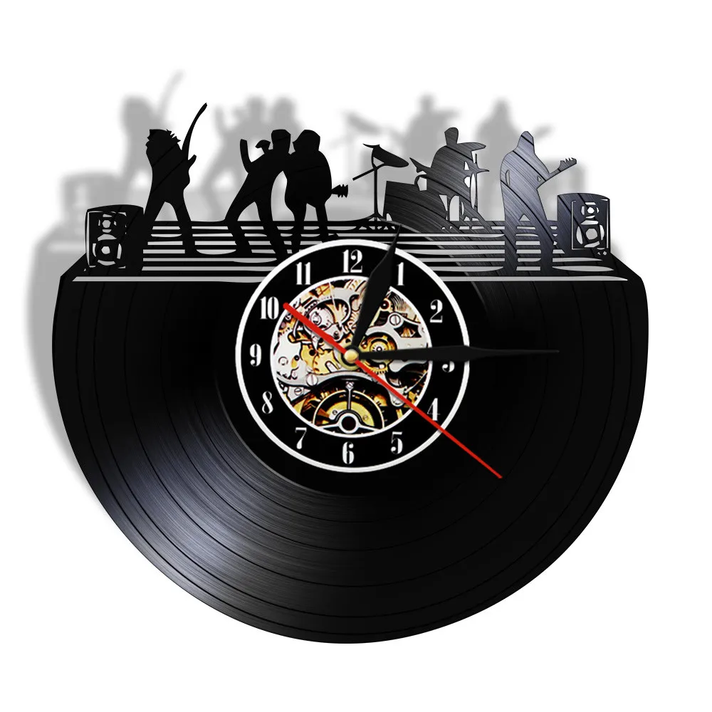 Banda de Rock en el escenario, reloj de pared silencioso de pared LP con disco de vinilo moderno en blanco y negro, Banda de Música para estudio de música en vivo