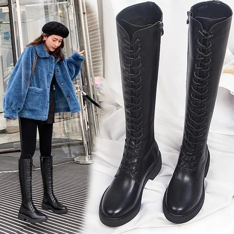 2020 Fashion INS High Boots Woman Knights Knee Boots Thicken Plush Women Winter Shoes British Style Block Heel Lace-up Footware