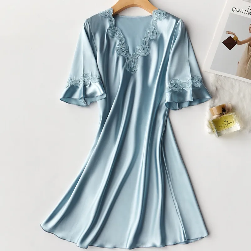 Summer New Silky Satin Women Nightgown Sleepwear Casual Night Dress New Arrival Shirt Sexy Nightshirt Female Sexy Home Dress