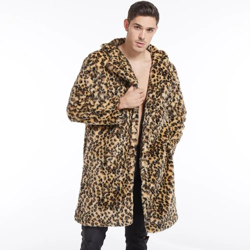 

Faux Fur Coat for Men, Long Sleeve, Leopard Print, Thicken Imitation Fur, Turn-Down Collar, Loose Fashion, Plus Size, Winter