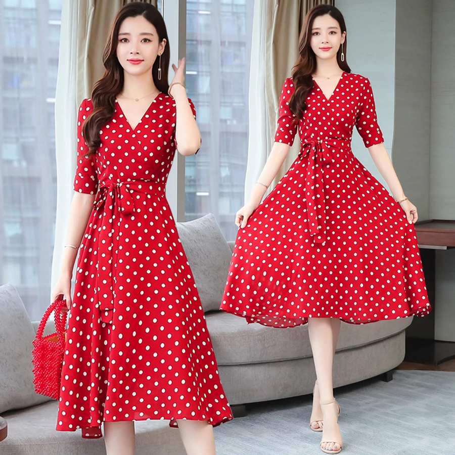 

2022 Elegant Red Dot Casual Chiffon Chic Midi Dress Spring Summer Ins Print Vintage Runway Dresses Women Bodycon Party Vestidos