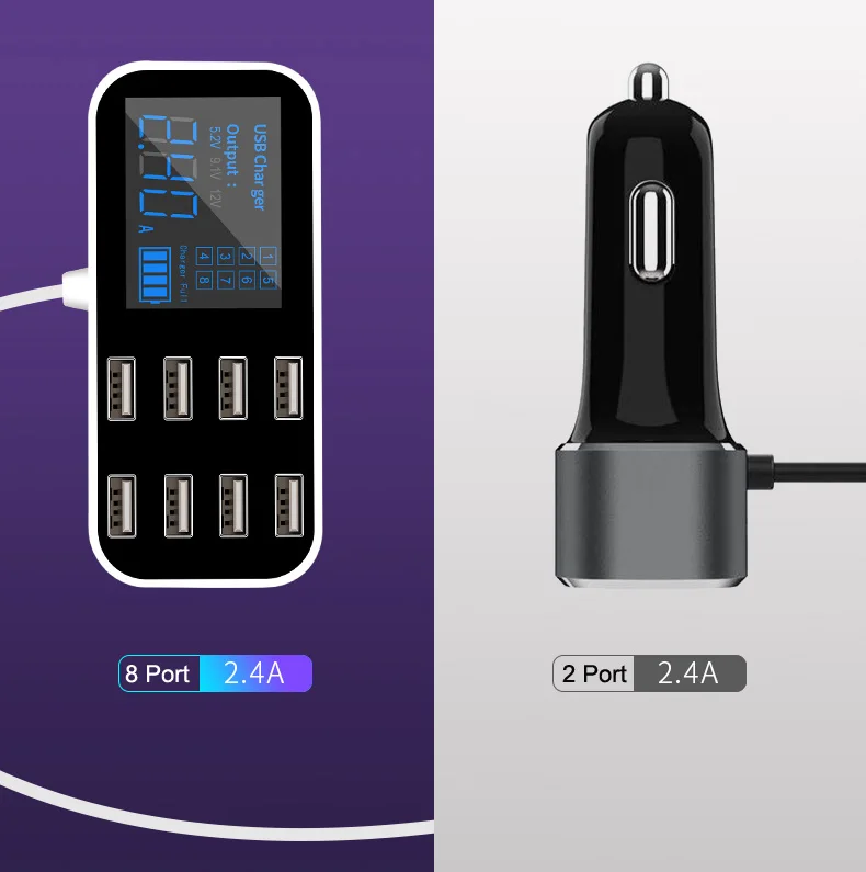 Carregador de carro rápido 8 portas multi usb display lcd carregador carro carga rápida para o iphone 6 7 8 x xr xs 11 por max samsung mate30 por