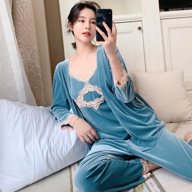 Autumn Winter Bridal Morning Gown Sexy Golden Velvet Pajama 3Pcs Set Female Belt Bosom Cushion Condole Belt Velvet Night Gown