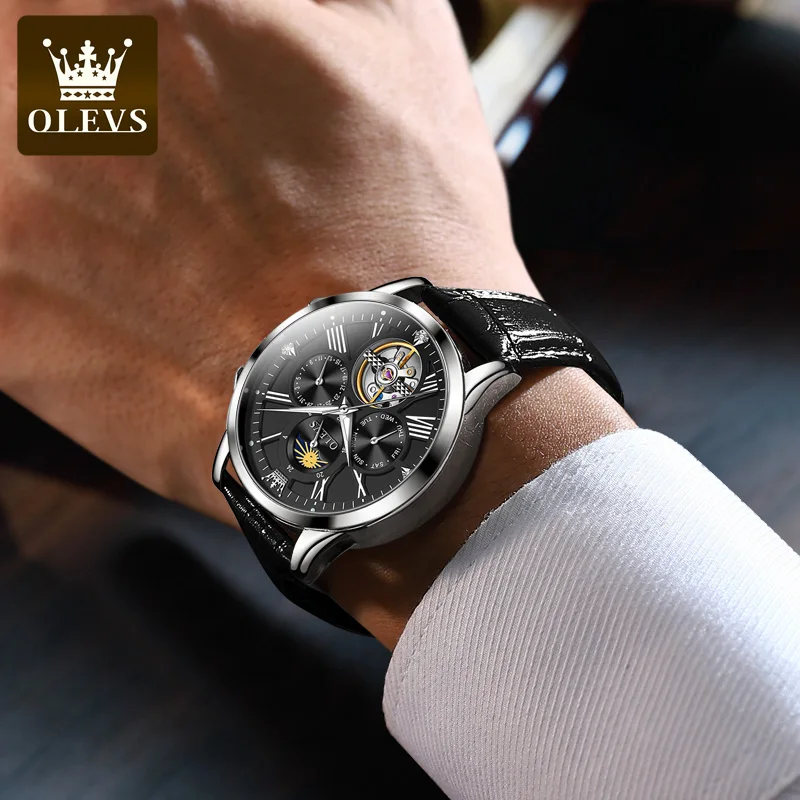 OLVES Men Mechanical Watches Classic fashion Leather Strap Man Wristwatch Waterproof Luminous Moon Phase Watch For Men