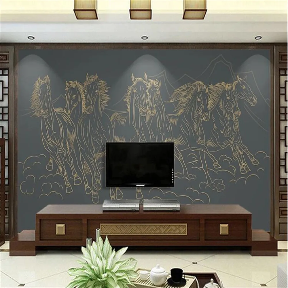 MIlofi golden embossed line eight horse figure light luxury TV background wall decoration painting wallpaper