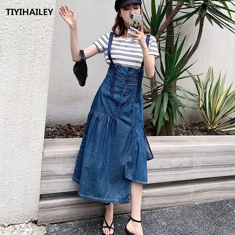 

TIYIHAILEY-Women's Denim Long Maxi Strap Skirt, Irregular High Waist, All-Match Vintage Jeans, Summer Fashion, S-XL, 2024