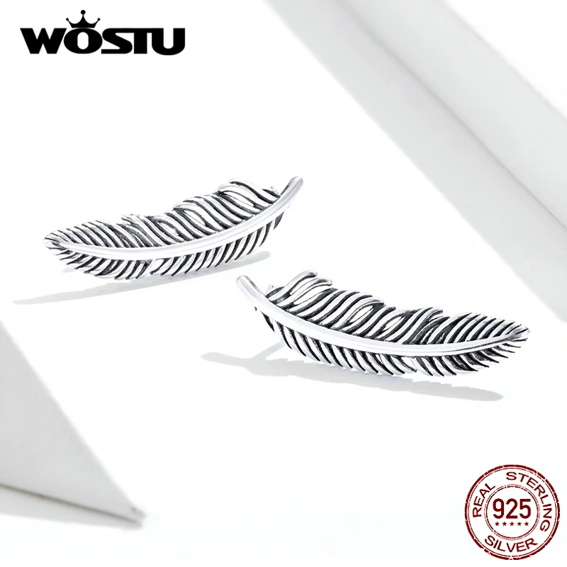 WOSTU Vintage Feather Stud Earrings 925 Sterling Silver Fashion Small Earrings For Women Wedding Authentic S925 Jewelry FIE865