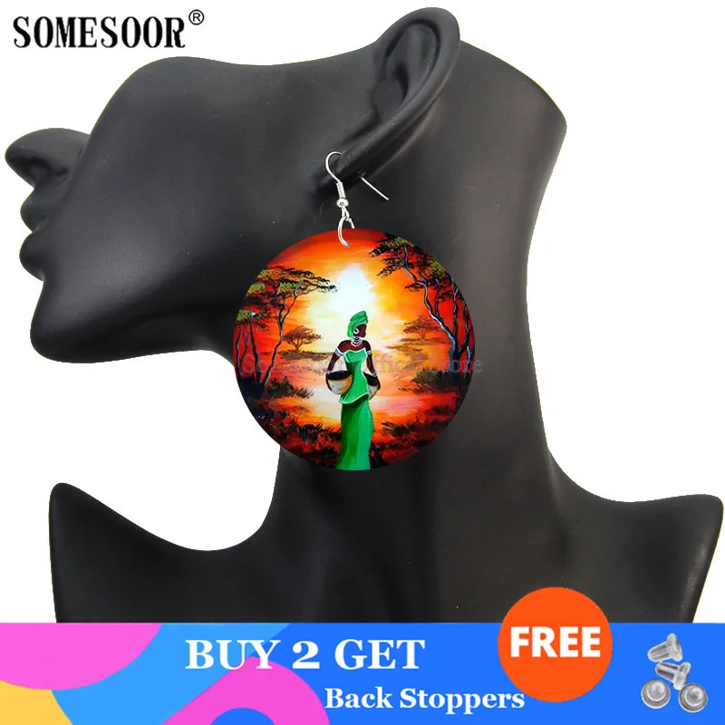 SOMESOOR African Ethnic Headwrap Woman Wooden Drop Earrings Black Sister Tribal Designs Loops Both Sides Printed For Women Gifts