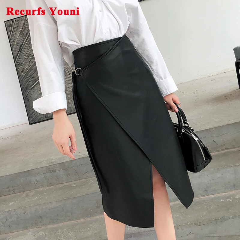 Women Genuine Leather skirt Female Personality Asymmetric Simple Whole Skin Lace-up Long Saia Mujer Black Wrap Jupe Streetwear