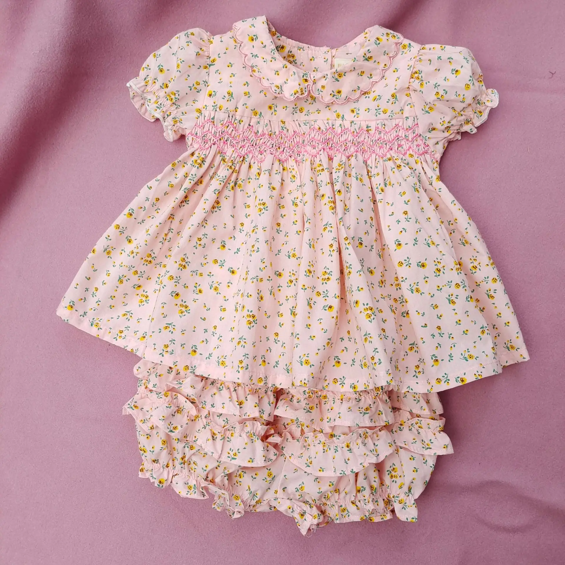 Newborn Baby Floral Ruffle Smocking Dress Toddler Girls Smocked Sets Kids Girl Print Embroidery Dress + Bread Pants Outfits