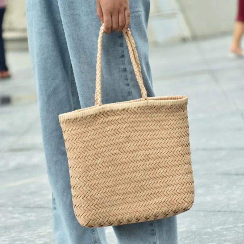 

Handmade Woven Handbags Women's Genuine Leather Shoulder Bag Weaving Casual Shopping Bag Purse Cowhide Cross Hand Bags Lady