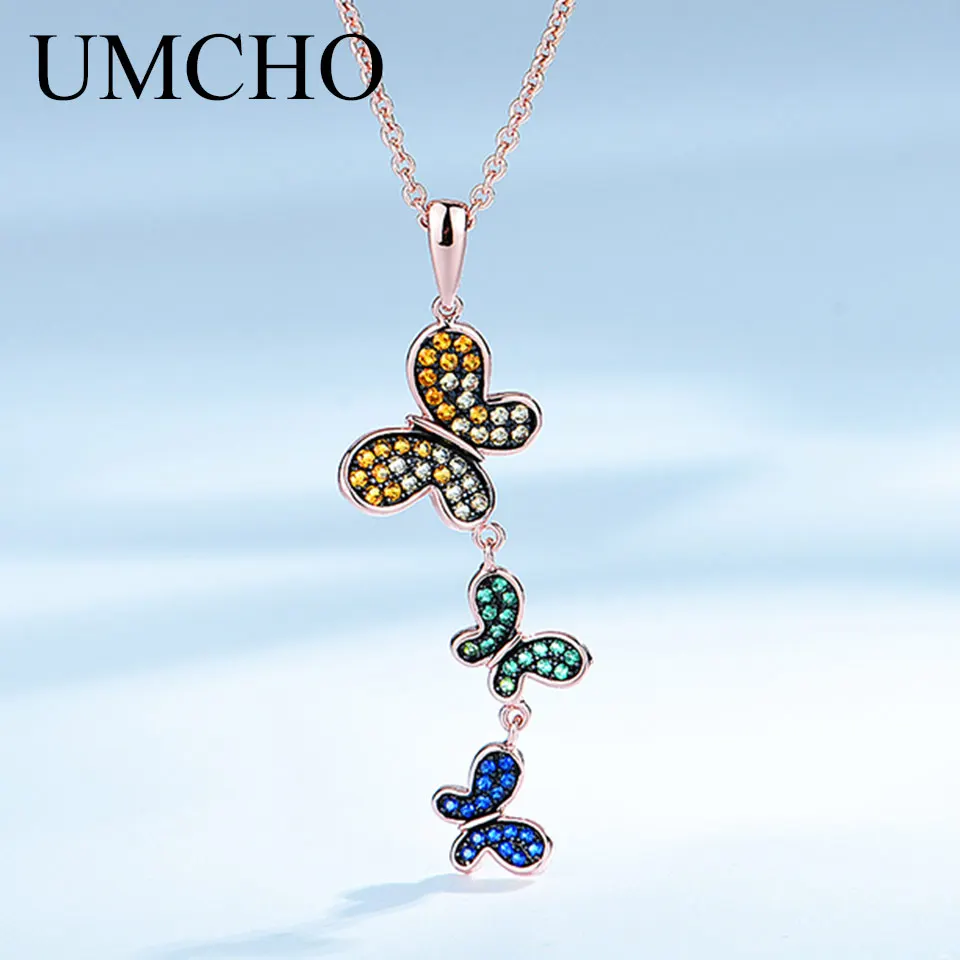 UMCHO Colorful Butterfly Silver Necklace Pendants Solid 925 Sterling Siver Necklace For Women Gift With Chain Fine Jewelry